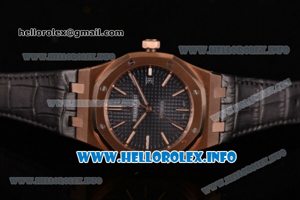 Audemars Piguet Royal Oak 41 Clone AP Calibre 3120 Automatic Rose Gold Case with Blue Dial Stick Markers and Black Leather Strap (BP) - Click Image to Close